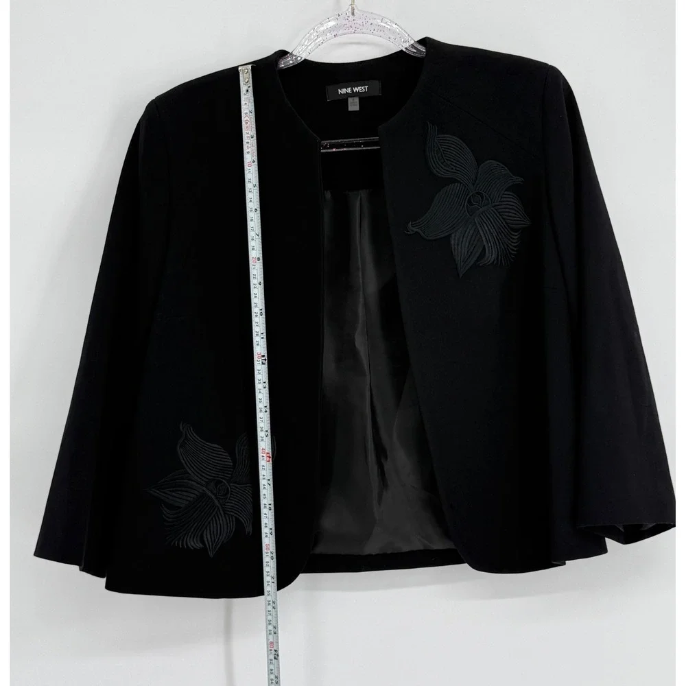 Nine West Womens Black Floral Applique Open Front Collarless Blazer Jacket‎ Sz 8